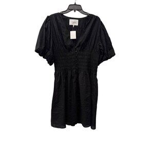New Frame Women's Size XL Black Smocked Button-Down Dress Short Puff Sleeves